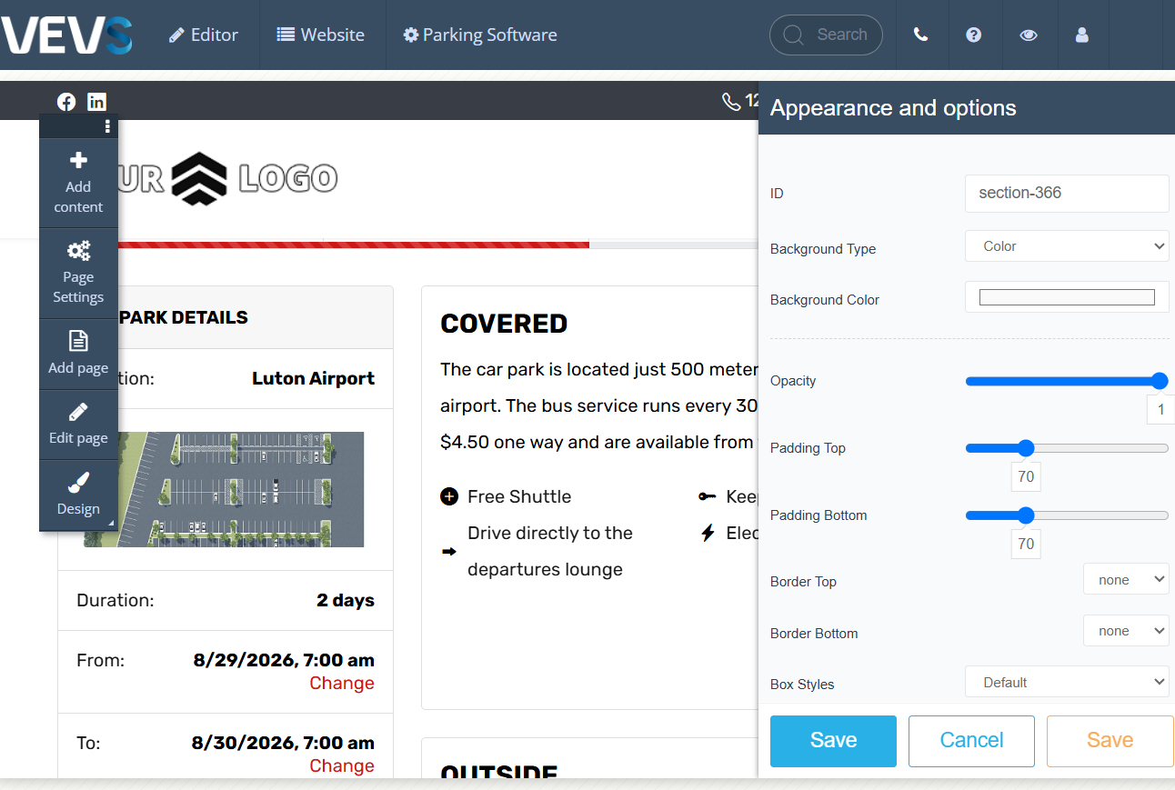website builder - parking booking system