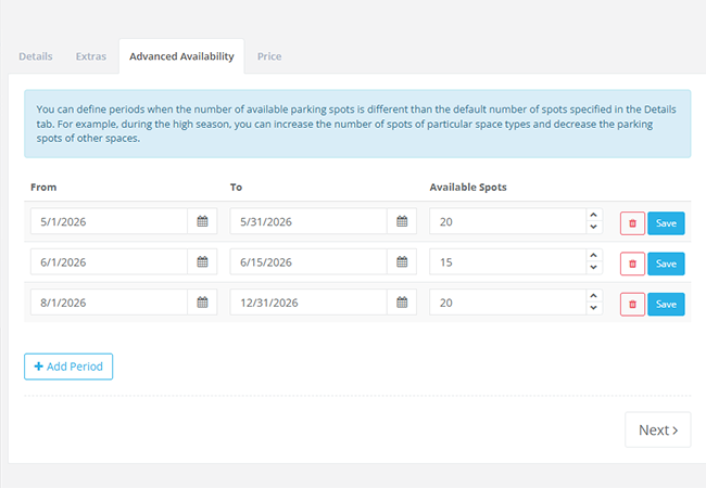 pricing availability rules - parking reservation system