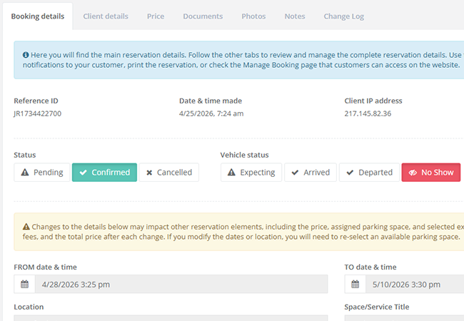 Reservation and vehicle status control
